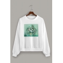 White Floral Print Long Sleeve Oversized Pullover Sweatshirt