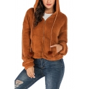 Fashion Plain Long Sleeves Fluffy Teddy Camel  Crop Zip Up Hoodie With Pockets