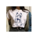 Funny Comic Anime Character Printed Round Neck Short Sleeve White Tee