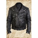 Men Retro Notched Lapel Studded Zipper Embellished Black PU Leather Short Jacket Coat