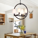 Black Ring Chandelier Lamp with Flaxen/White Fabric Shade 4 Bulbs Village Pendant Light for Dining Table