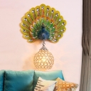 Aqua/Silver/White Peacock Wall Light Sconce Country Style 1 Light Wall Lamp with Dome Crystal and Metal Shade