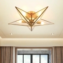 Water Glass Star Flush Lighting Vintage 5 Bulbs Clear Ceiling Mounted Light in Brass Finish