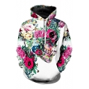 Floral Skull 3D Print Long Sleeve White Hoodie with One Pocket