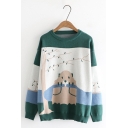Preppy Style Color Block Bear Pattern Round Neck Knitted Pullover Sweater