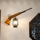 1 Light Lantern Lighting Fixture with Gun Decoration Retro Rustic Metal and Wood Wall Light in Bronze