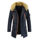 Winter Warm Fur-Trimmed Hood Zipper Embellished Flap Pocket Longline Down Coat