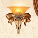 Gold Elephant Wall Mount Light Country Style Single Light Wall Sconce Light with Amber Glass Flared Shade