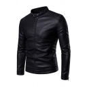 Black Stand Collar Zipper Embellished Long Sleeve PU Leather Casual Jacket Coat