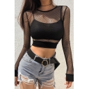 Womens Black Fishnet Hollow Out Long Sleeve Nightclub Crop Top T-Shirt