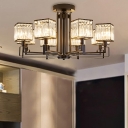 Modern Semi Flush Lighting with Square Clear Crystal Shade 4/6/8 Light Black Ceiling Light Fixture