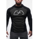Mens Cool Fashion Logo Letter Printed Long Sleeve Slim Fitted Black Sports Hoodie