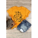 Halloween Trendy TRICK OR TREA T Letter Printed Rolled Short Sleeve Yellow Tee Top