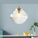 1 Light Sphere Hanging Light Modern Clear Ribbed Glass Pendant Lighting in Brass