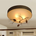 Loft Style Bowl Flush Mount Ceiling Light with Pinecone 3 Lights Opal Glass Flush Lighting in Brown for Bedroom
