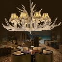 Antlers Pendant Chandelier with Fabric Bell Shade Retro 8 Bulbs Pendant Lighting in White
