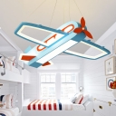 Blue Aircraft Hanging Chandelier Metal and Acrylic Kids LED Hanging Ceiling Light in Warm/White Light