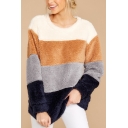 New Trendy Color Block Long Sleeve Round Neck  Relaxed Fluffy Teddy Sweatshirt