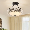 Traditional Drum Semi Flush Mount K9 Crystal and White Glass 4 Lights Indoor Semi Flush in Black