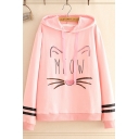 Girls Sweet Cat MEOW Letter Print Striped Long Sleeve Pullover Hoodie