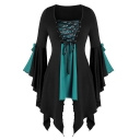 Halloween Women Gothic Lace Up Sequins Panel Flare Sleeve Irregular Blouse Top