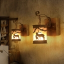 1 Light Deer Cylinder Wall Sconce Industrial Wood Backplate Wall Light Lamp Sconce in Rust