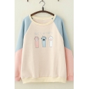 Sweet Style Contrast Long Sleeve Cat Claw Print Loose Pullover Sweatshirt for Girls