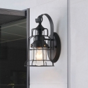 Industrial Bell Shade Wall Sconce 1 Head Metal Cage Frame Wall Light in Black for Porch