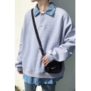 Chic Denim Patched Lapel Collar Button Front Long Sleeve Unisex Loose Fit Pullover Sweatshirt