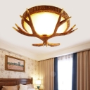 Antler Flush Lighting with Bowl White Glass 3 Lights Village Style Ceiling Light Fixture in Brown