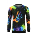 Colorful Splatter Painting Palm Printed Long Sleeve Black Pull Over Sweatshirt