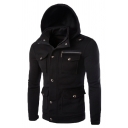 Casual Plain Epaulet Design Buttoned Flap Pocket Single-Breasted Zipper Hoodie Coat