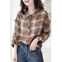 Plaid Printed Stringy Selvedge Detail 3/4 Sleeve Button Down High Low Casual Shirt