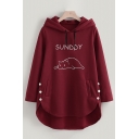 Burgundy Loose SUNDDY Cat Printed Button Embellished Side Longline Hoodie with Pocket