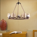 Country Style Conical Ceiling Hanging Light Beige Fabric Shade 6 Lights Chandelier in Rust Finish with Bird Accents