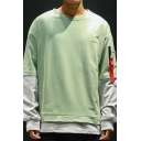 Mens Stylish Letter Printed Ribbon Zip Pocket Side Colorblocked Long Sleeve Fake Two-Piece Round Neck Casual Sweatshirt