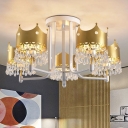 Modern Crown Semi Flush Chandelier Metal and Crystal 5 Light Ceiling Light Fixture for Bedroom