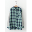 Check Pattern Fold-Over Collar Long Sleeve Chest Pocket Single-Breasted Loose Relaxed Shirt