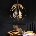 4/8 Lights Orb Hanging Pendant Light with Antler Accents Metal Rustic Suspension Lamp in Rust