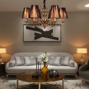 6/8 Lights Cone Chandelier Brown Gathered Fabric Shade Vintage Style Suspension Light for Living Room