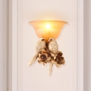 1 Light Flared Wall Lamp Country Style Frosted Glass Wall Sconce Lamp in Gold with Bird Decoration