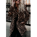 Womens Chic Leopard Print Open Front Long Sleeve Faux Fur Longline Coat with Pocket