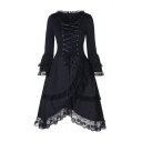 Black Punk Vintage Lace-Up Front Ruffle Lace Panel Mid-Length Party Dress
