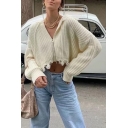 Womens Fashion V-Neck Long Sleeve Zip Up Tassel Embellished Plain Cropped Chunky Knit Cardigan Top with Hood