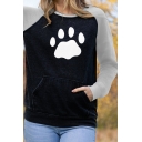 Womens Stylish Cat Footprint Raglan Sleeve Round Neck Regular Pullover Sweatshirt