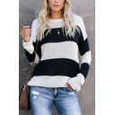 Womens Casual Wide Stripe Round Neck Long Sleeve Loose Fit Knitted Pullover Sweater