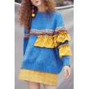 Girls Cute Pompom Floral Printed Ruffle Patchwork Long Sleeve Loose Fit Pullover Knit Sweater