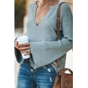 Womens Simple V-Neck Flared Long Sleeve Loose Fit Sexy Pullover Sweater Top
