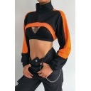 Womens Fashionable Black & Orange Colorblock Half Zip Long Sleeve Asymmetric Hem Cropped Sweatshirt