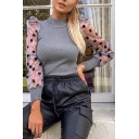 Womens Chic Polka Dot Pattern Mesh Panel Long Sleeve High Collar Slim Fit Pullover Sweater
